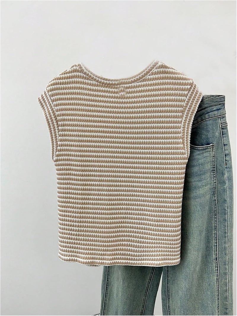 MakeMeChic Girl's Striped Sweater Vest Crew Neck Sleeveless Y2K Summer Knitted Tank Tops - Image 2